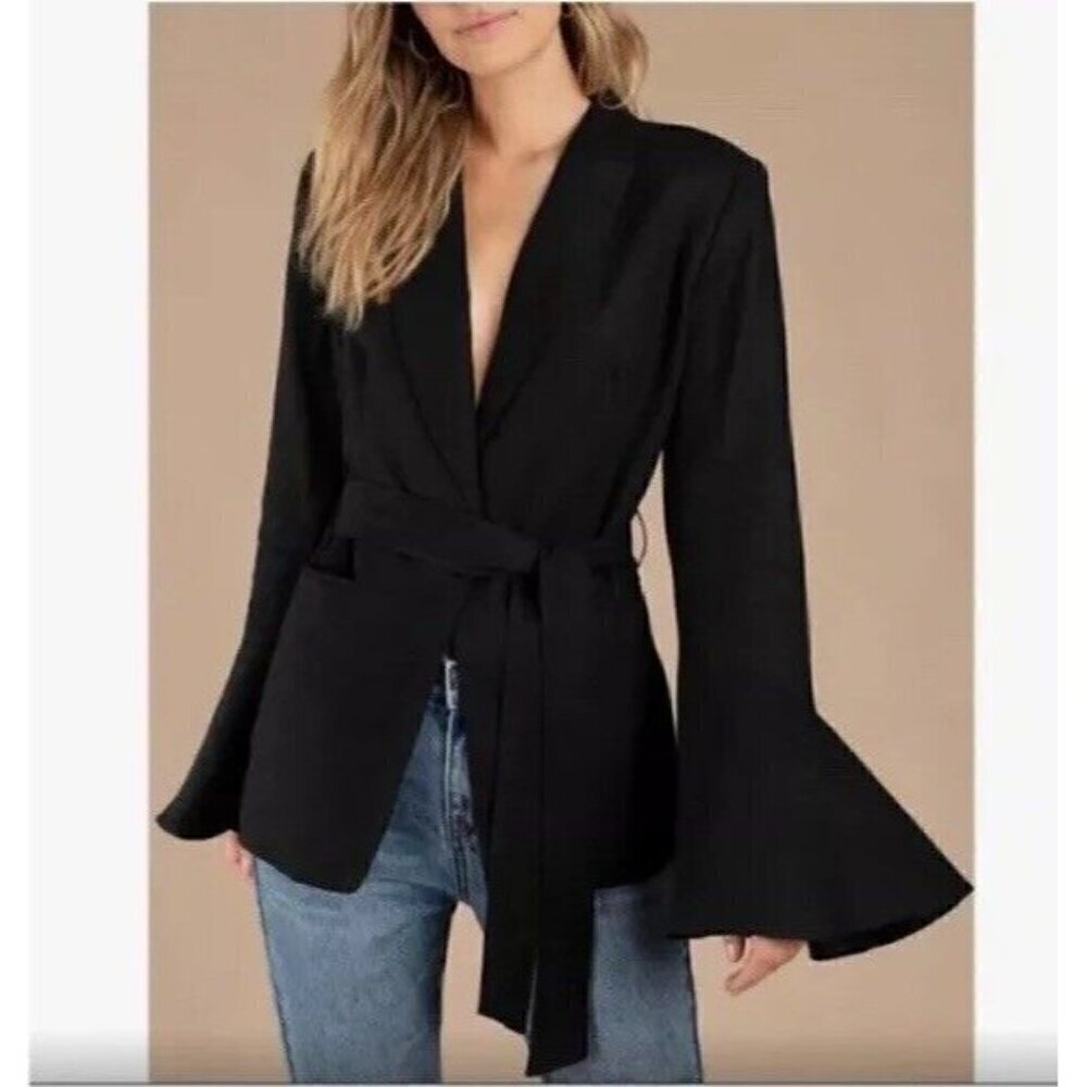Free People Women's Sz S Black Linen Blend Bell Flared Sleeve Blazer Jacket